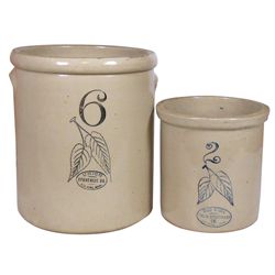 Stoneware crocks (2), both Red Wing w/birch leaf design, 2 gal w/Red Wing Union Stoneware oval & blu