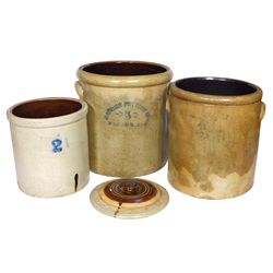 Stoneware crocks (3), 4 gal salt glaze w/tab handles, 5 gal Macomb Pottery salt glaze w/tab handles,
