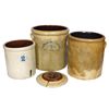 Image 1 : Stoneware crocks (3), 4 gal salt glaze w/tab handles, 5 gal Macomb Pottery salt glaze w/tab handles,