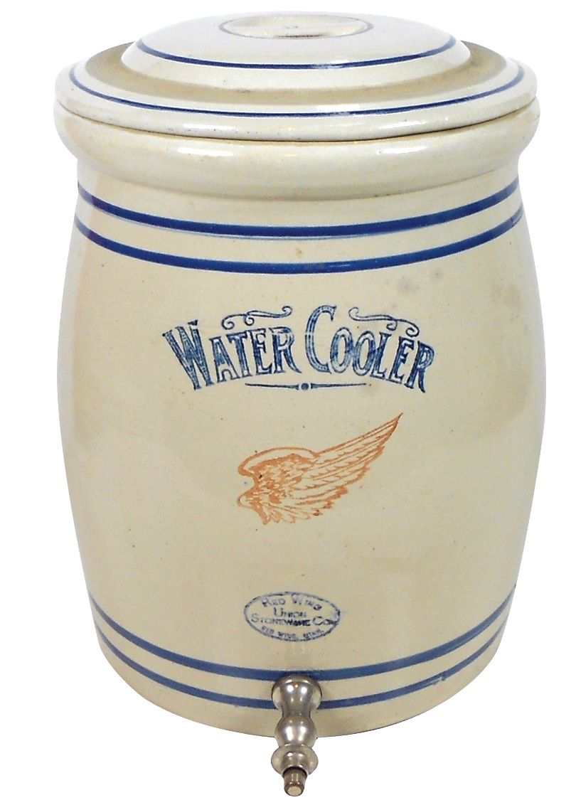 Stoneware, Red Wing water cooler, 5 gal w/bar handle lid marked w/a "W
