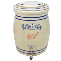 Stoneware, Red Wing water cooler, 5 gal w/bar handle lid marked w/a "W", large wing & Union Stonewar