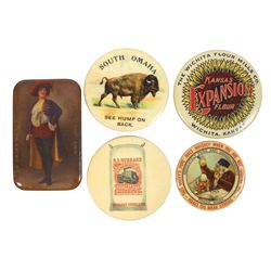 Advertising celluloid pocket mirrors & pinback (5), R.D. Hubbard Flour-Mankato, MN, Wichita Flour Mi