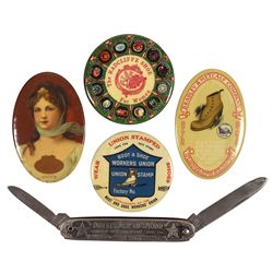 Advertising celluloid pocket mirrors & pocket knife (5), all for shoes; Queen Quality, Bradley & Met
