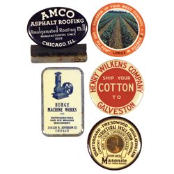 Advertising celluloid pocket mirrors, whetstones & clip (5), Burge Machine Works-Chicago & Masonite 