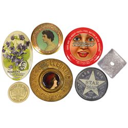 Advertising celluloid pockets mirrors & tins (7), Mennen's Toilet Powder, Nature's Remedy Tablets, S