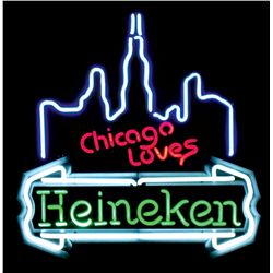 Breweriana neon sign, "Chicago Loves Heineken," NOS cond, 30"H x 28.5"W.