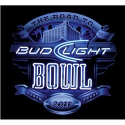 Breweriana neon sign, "Bud Light Bowl Road to North Texas," NOS cond, 34"H x 35"W.
