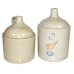 Stoneware jugs (2), Minnesota white funnel top jug w/M2 mark on bottom, VG cond w/some chips, 13"H &