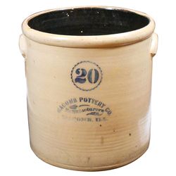 Stoneware, Macomb Pottery 20 gal salt glaze crock w/tab handles, cobalt letter on front w/20 in circ