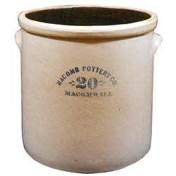 Stoneware, Macomb Pottery 20 gal salt glaze crock w/tab handles, cobalt lettering on front, Exc cond
