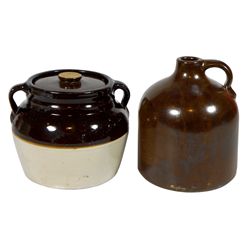 Stoneware, Red Wing bean pot w/brown top & lid, marked Red Wing USA on bottom & small Minnesota Ston