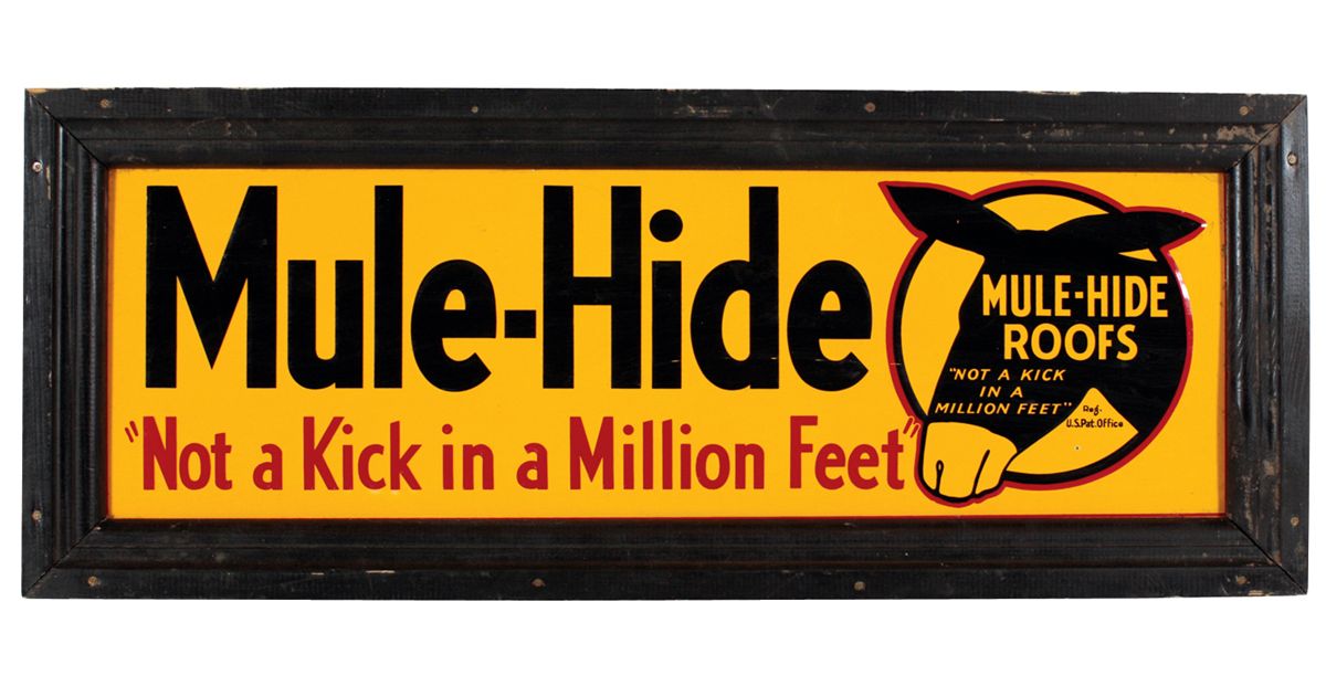 Advertising Sign Mule Hide Roofs Colorful Litho On Emb Metal W Mule Graphic Exc Cond In Wood Fram