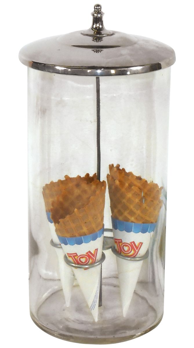 Soda fountain ice cream cone holder, heavy round glass canister w/metal