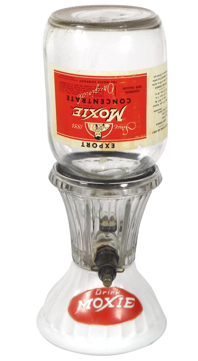 Syrup dispenser w/jug, Moxie, milk glass base w/ribbed glass top