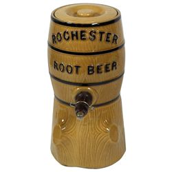 Syrup dispenser, Rochester Root Beer, ceramic barrel-shape on log, emb lettering front & back, nice 