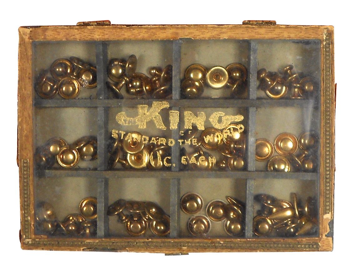 Collar button display case & box (2), unusual wood & curved glass half ...