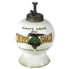 Image 1 : Syrup dispenser, Fowler's Cherry Smash, ceramic ball-shape, old pump w/blank plunger button insert, 