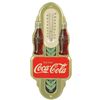 Image 1 : Coca-Cola thermometer, embossed metal w/gold background & 2 bottles, c.1941, Exc cond, 16"H x 7"W.