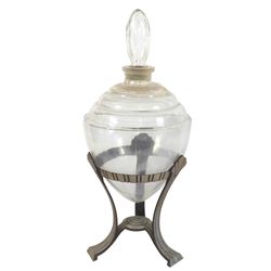 Apothecary show globe, Art Deco counter style, teardrop glass globe in 3-footed cast aluminum holder