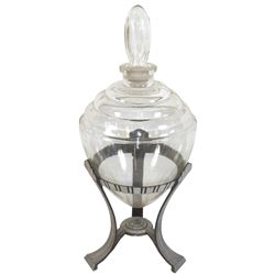 Apothecary show globe, Art Deco counter style, teardrop glass globe in 3-footed cast aluminum holder
