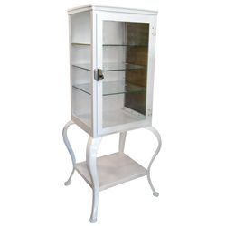 Medical cabinet, painted metal floor model w/cabriole legs, Exc restored cond, 54"H x 20"W x 16.5"D.
