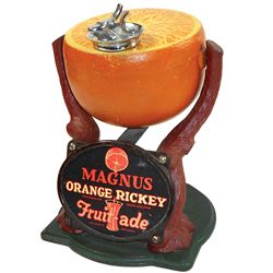 Syrup dispenser, Magnus Orange Rickey Fruit-ade, cast iron w/great orig paint, figural orange rotate