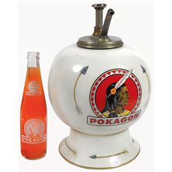 Syrup dispenser, Pokagon Orange, ceramic ball-shape w/old plunger-style pump, correct Orange button 