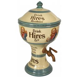 Syrup dispenser, Hires Ugly Boy, ceramic urn-shape w/orig lid, made in Germany by Villeroy & Boch, c