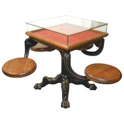 Soda fountain ice cream table w/showcase top & oak swing-out seats, fancy claw footed cast iron base