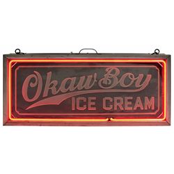 Soda fountain ice cream neon sign, Okaw Boy Ice Cream, frosted glass & red neon in metal case, an un