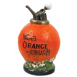 Syrup dispenser, Ward's Orange-Crush, orange-shape w/advertising on front & back, c.1910, old ball-s