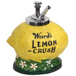 Syrup dispenser, Ward's Lemon-Crush, lemon-shape, advertising on front & back, c.1910, plunger-style