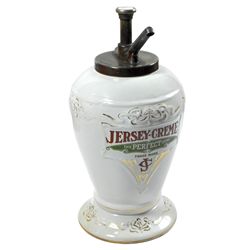 Syrup dispenser, Jersey-Crème, The Perfect Drink, ceramic urn-shape, orig pump w/Jersey Cream button
