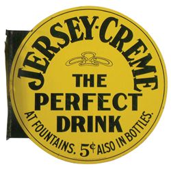 Soda pop advertising sign, Jersey-Crème-The Perfect Drink 5 Cents, litho on tin by Chas. W. Shonk -C