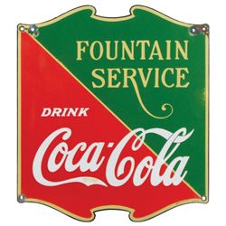 Coca-Cola sign, diecut porcelain, c.1930's, "Fountain Service-Drink Coca-Cola", 2 added mounting hol