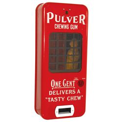 Coin-operated machine, Pulver Gum, red porcelain w/yellow kid figure, some in-painting on areas of p