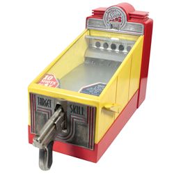 Coin-operated target skill game, 1 Cent, red & yellow, VG cond, no key, 16.5"H x 11"W x 27"L.