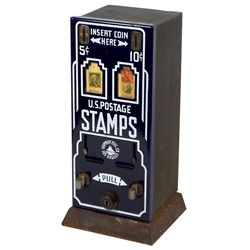 Coin-operated machine, U.S. Postage Stamps, mfgd by Shipman Mfg. Co.-Los Angeles, blue & white porce
