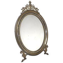 Victorian dressing mirror, silver-plated cast metal frame w/griffin feet & cherubs at top, marked Fr