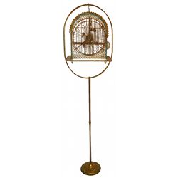 Victorian bird cage on stand, unusual w/rotating wheel, attached feeder, c.1910, Exc cond w/aged pat