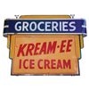 Image 1 : Ice Cream sign, "Kream-ee Ice Cream-Groceries" 2-sided enamel on metal hanging sign mfgd by Mulholla