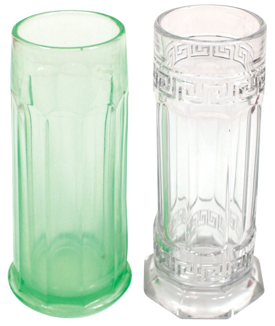 Soda fountain straw jars (2), Heisey Greek Key clear glass jar & green