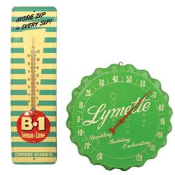 Soda fountain thermometers (2), Lymette plastic bottle cap & B-1 Lemon-Lime litho on embossed metal,