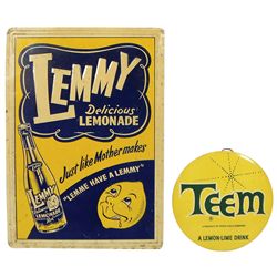 Soda fountain signs (2), Lemmy, embossed litho on metal & Teem celluloid button, VG cond, Lemmy 19.7