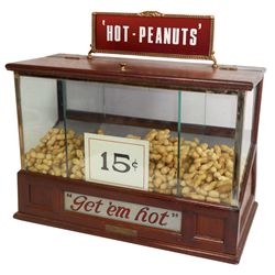 Peanut counter display, "The Nut Sell", The James Mfg Co.-Norfolk, VA, oak lift-top w/ruby glass/bra