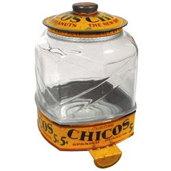 Peanut jar, Chico's Spanish Peanuts counter jar, embossed glass w/litho on metal lid & base, VG cond