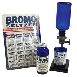 Drug store Bromo Seltzer dispenser, jar & display card, cobalt blue glass base w/metal frame & adv g