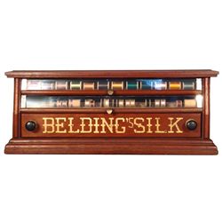 Spool cabinet, Belding's Silk, walnut 3-drwr, 2 glass & 1 wood w/adv, c.1900, Mint orig cond, 10"H x