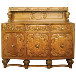 Furniture, buffet sideboard, 1930's hand-carved w/column back, from Tottenham, North London, England
