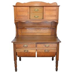 Furniture, oak possum belly kitchen cabinet w/wood bellies, 2 pull-out cutting boards & sliding door